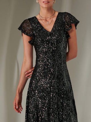 Sequin V Neck FIt & Flare Midaxi Dress, Black