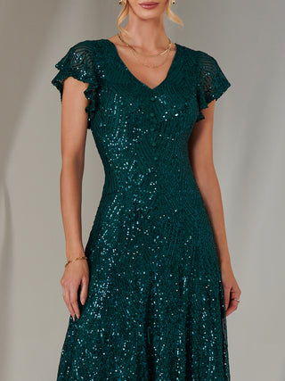 Sequin V Neck FIt & Flare Midaxi Dress, Green