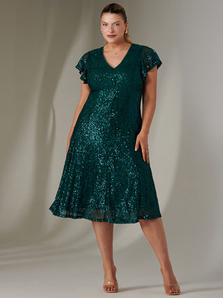 Sequin V Neck FIt & Flare Midaxi Dress, Green