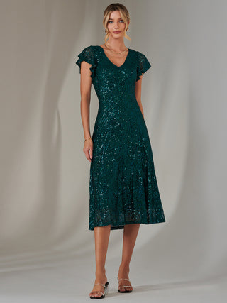 Sequin V Neck FIt & Flare Midaxi Dress, Green