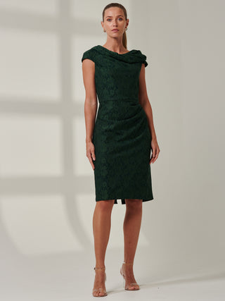 Lace Bonded Bardot Neck Dress, Dark Green