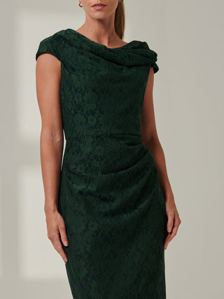 Lace Bonded Bardot Neck Dress, Dark Green Jolie Moi Retail Lace Bonded Bardot Neck Dress, Dark Green Jolie Moi Retail