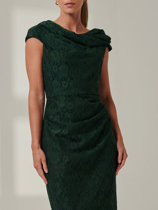 Lace Bonded Bardot Neck Dress, Dark Green