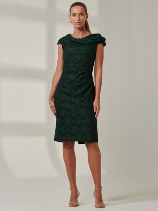 Lace Bonded Bardot Neck Dress, Dark Green Jolie Moi Retail Lace Bonded Bardot Neck Dress, Dark Green Jolie Moi Retail