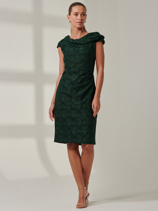 Lace Bonded Bardot Neck Dress, Dark Green