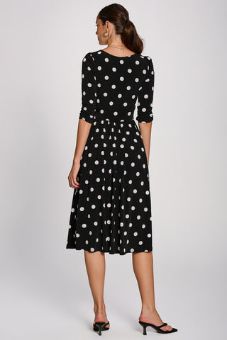 3/4 Sleeve Midi Swing Jersey Dress, Black Spot