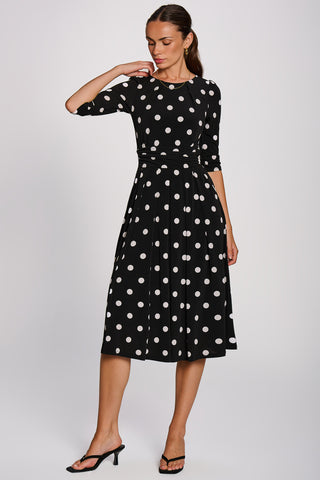 3/4 Sleeve Midi Swing Jersey Dress, Black Spot
