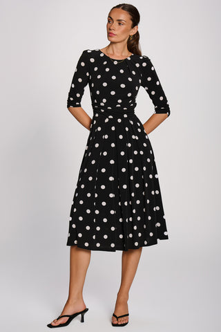 3/4 Sleeve Midi Swing Jersey Dress, Black Spot