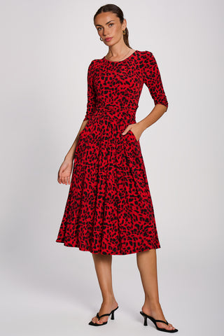3/4 Sleeve Midi Swing Jersey Dress, Red Animal