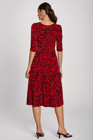 3/4 Sleeve Midi Swing Jersey Dress, Red Animal