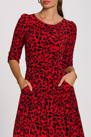 3/4 Sleeve Midi Swing Jersey Dress, Red Animal