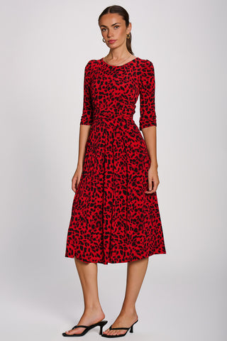 3/4 Sleeve Midi Swing Jersey Dress, Red Animal
