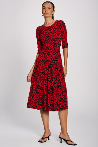 3/4 Sleeve Midi Swing Jersey Dress, Red Animal
