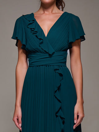 Chiffon Pleated Ruffle Midi Dress, Dark Green