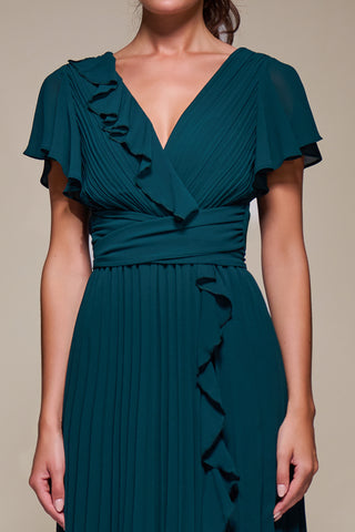 Chiffon Pleated Ruffle Midi Dress, Dark Green