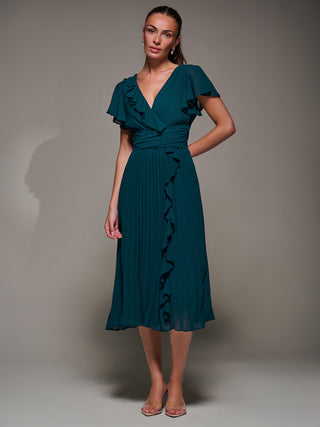Chiffon Pleated Ruffle Midi Dress, Dark Green