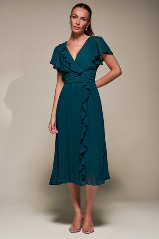 Chiffon Pleated Ruffle Midi Dress, Dark Green