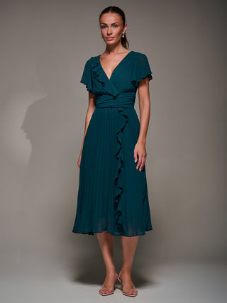 Chiffon Pleated Ruffle Midi Dress, Dark Green