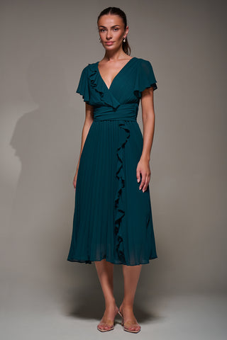 Chiffon Pleated Ruffle Midi Dress, Dark Green