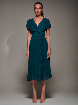 Chiffon Pleated Ruffle Midi Dress, Dark Green