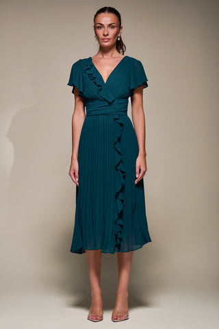 Chiffon Pleated Ruffle Midi Dress, Dark Green