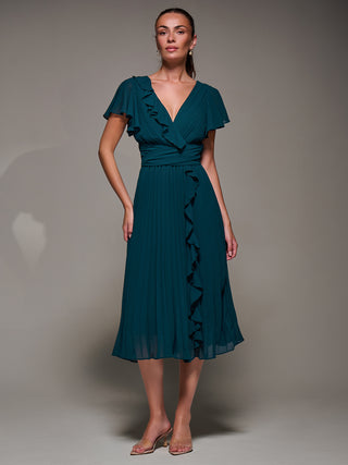 Chiffon Pleated Ruffle Midi Dress, Dark Green