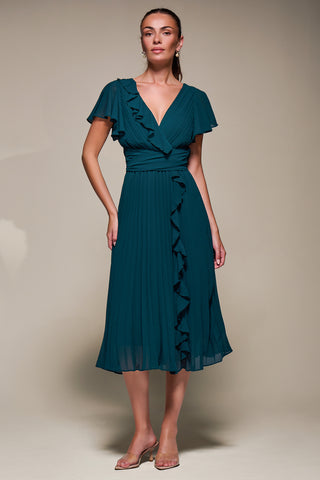 Chiffon Pleated Ruffle Midi Dress, Dark Green