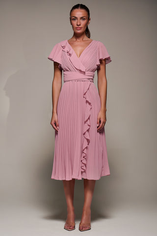 Chiffon Pleated Ruffle Midi Dress, Dusty Pink