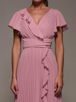 Chiffon Pleated Ruffle Midi Dress, Dusty Pink