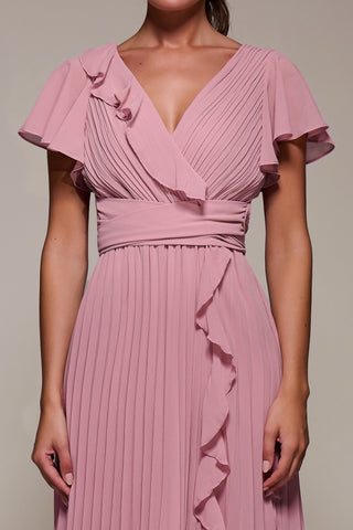 Chiffon Pleated Ruffle Midi Dress, Dusty Pink