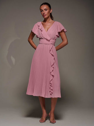 Chiffon Pleated Ruffle Midi Dress, Dusty Pink