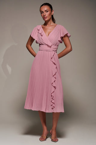Chiffon Pleated Ruffle Midi Dress, Dusty Pink