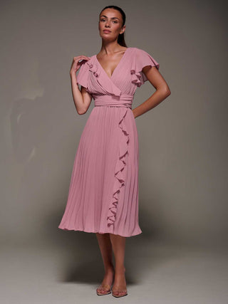 Chiffon Pleated Ruffle Midi Dress, Dusty Pink