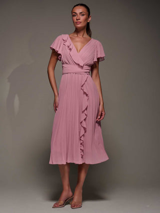 Chiffon Pleated Ruffle Midi Dress, Dusty Pink