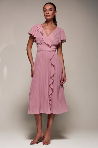 Chiffon Pleated Ruffle Midi Dress, Dusty Pink