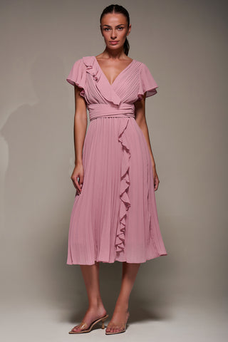 Chiffon Pleated Ruffle Midi Dress, Dusty Pink