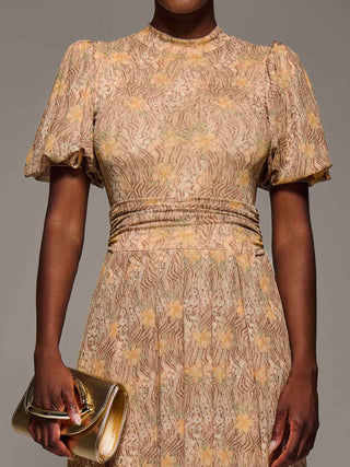 Puffy Sleeve Printed Mesh Maxi Dress, Animal Multi