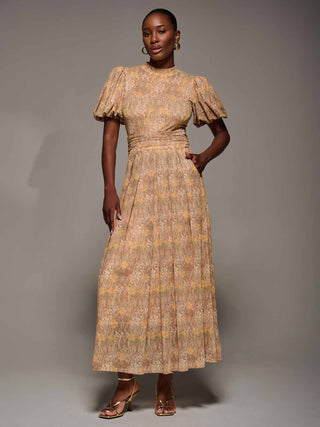 Puffy Sleeve Printed Mesh Maxi Dress, Animal Multi