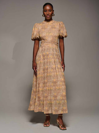 Puffy Sleeve Printed Mesh Maxi Dress, Animal Multi