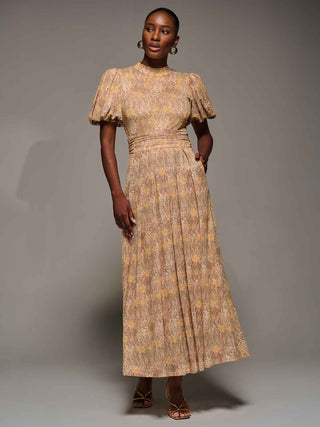 Puffy Sleeve Printed Mesh Maxi Dress, Animal Multi