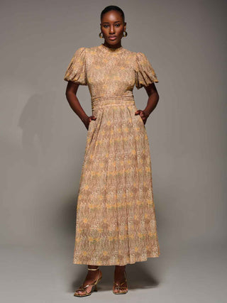 Puffy Sleeve Printed Mesh Maxi Dress, Animal Multi