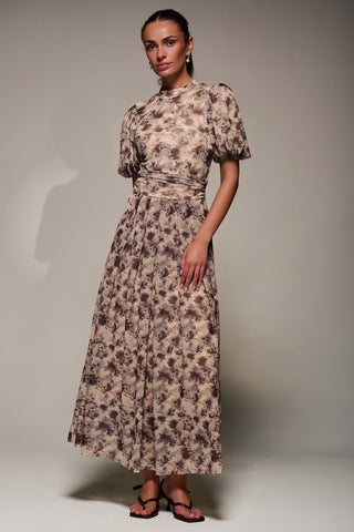 Puffy Sleeve Printed Mesh Maxi Dress, Brown Abstract
