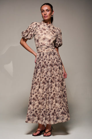 Puffy Sleeve Printed Mesh Maxi Dress, Brown Abstract