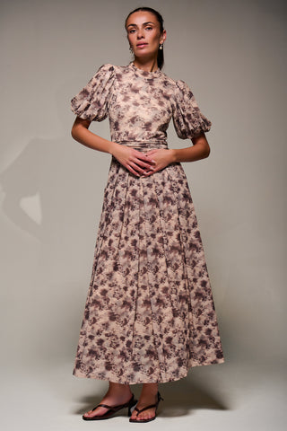 Puffy Sleeve Printed Mesh Maxi Dress, Brown Abstract