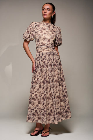 Puffy Sleeve Printed Mesh Maxi Dress, Brown Abstract