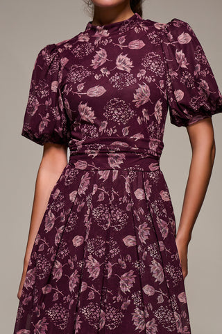 Puffy Sleeve Printed Mesh Maxi Dress, Burgundy Floral