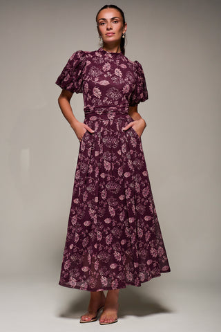Puffy Sleeve Printed Mesh Maxi Dress, Burgundy Floral