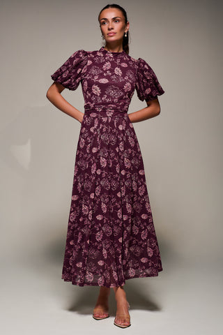 Puffy Sleeve Printed Mesh Maxi Dress, Burgundy Floral