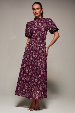 Puffy Sleeve Printed Mesh Maxi Dress, Burgundy Floral