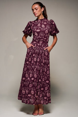 Puffy Sleeve Printed Mesh Maxi Dress, Burgundy Floral